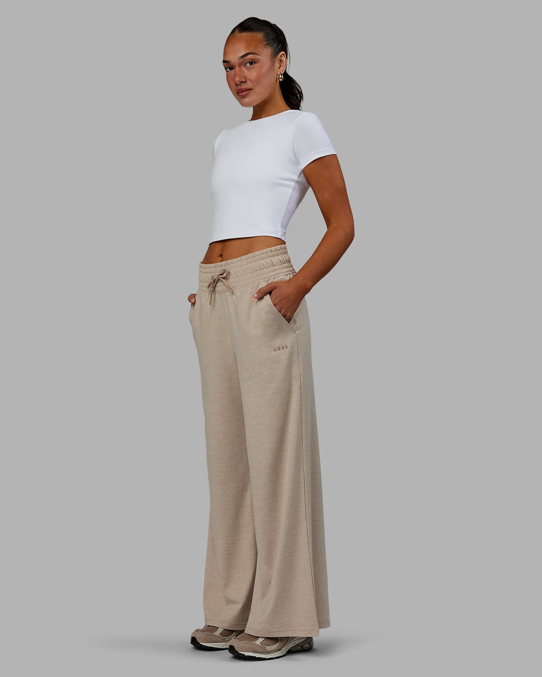 Woman wearing Restore CloudFLX Wide Leg Pants - Oatmeal Marl