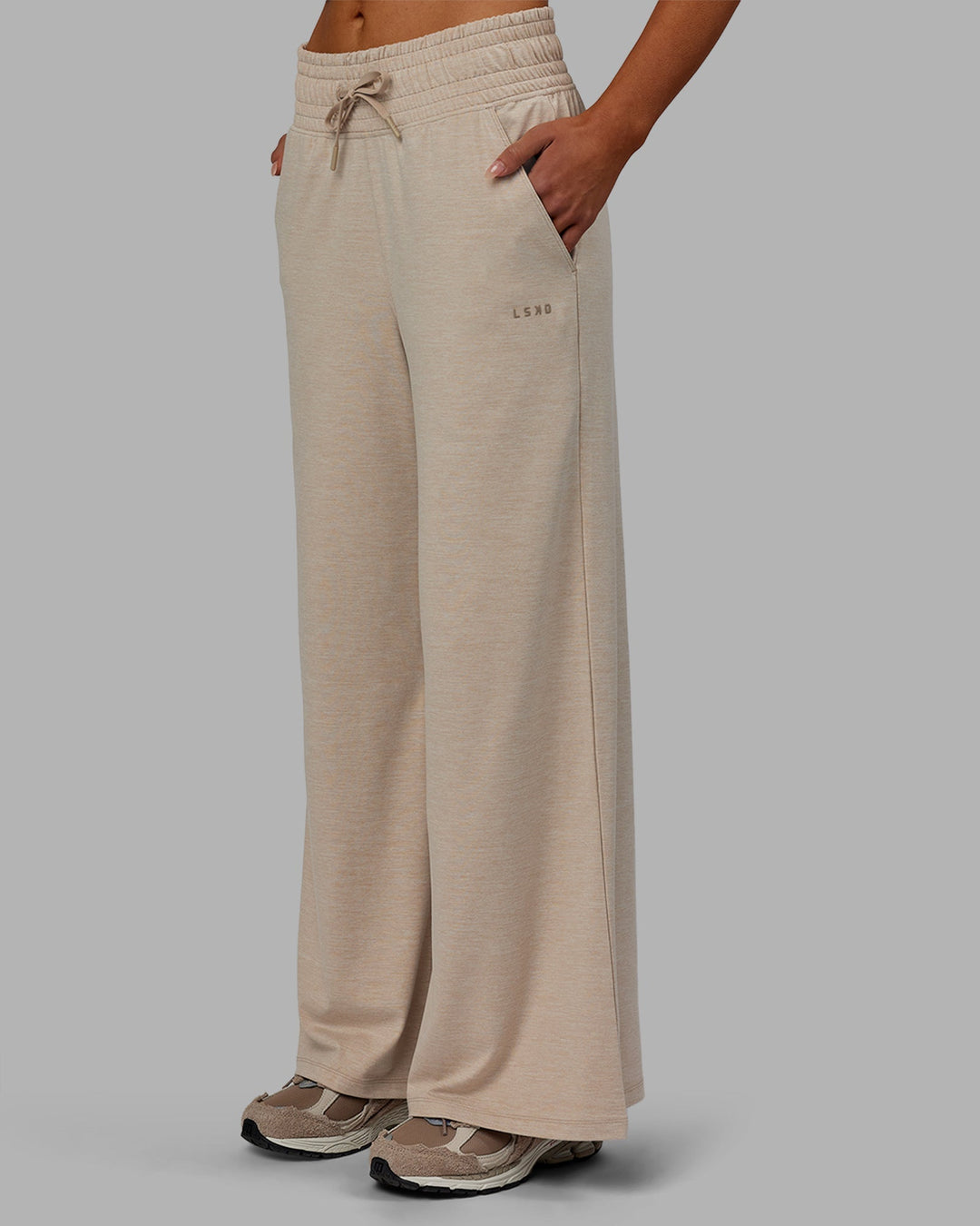 Woman wearing Restore CloudFLX Wide Leg Pants - Oatmeal Marl