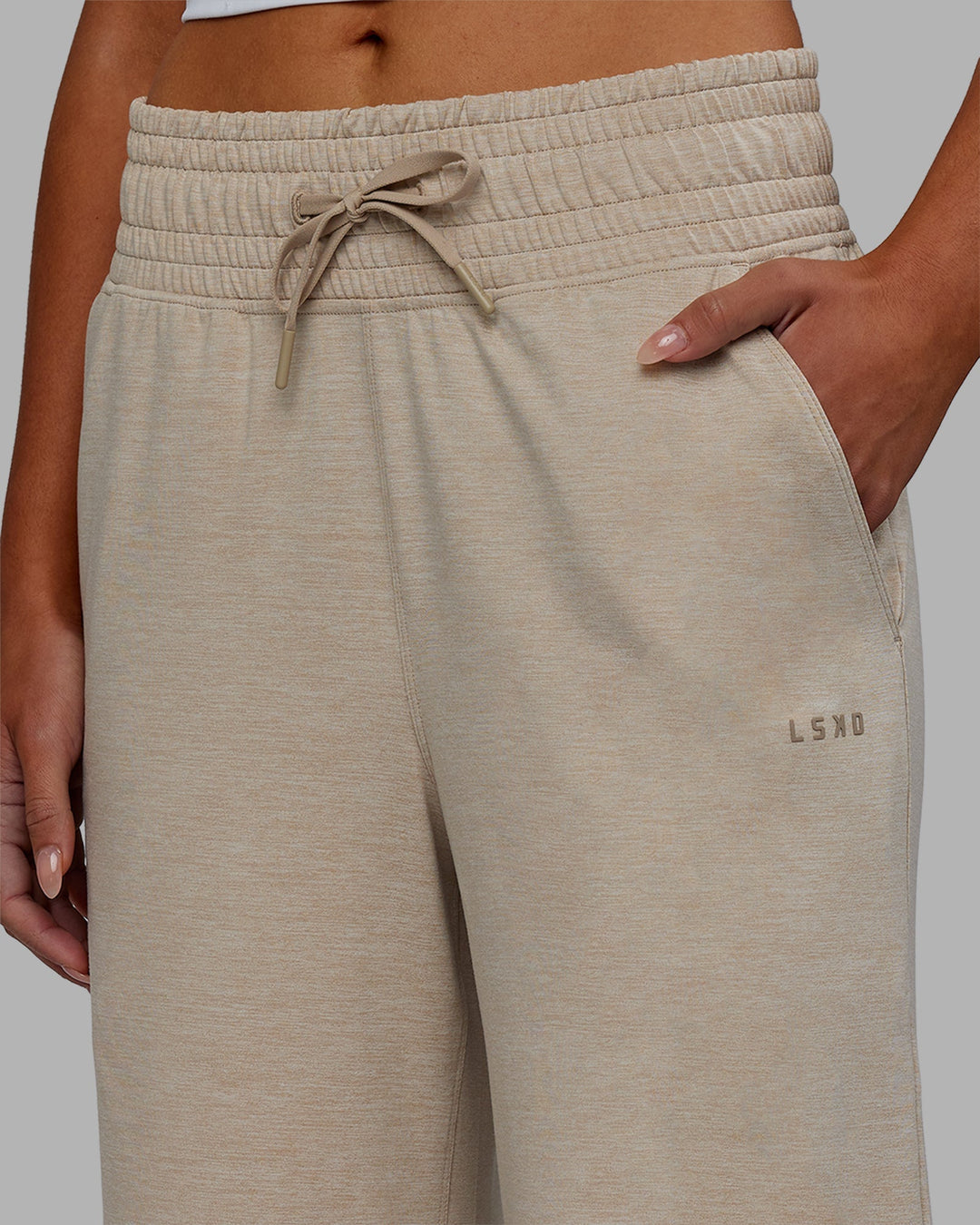 Woman wearing Restore CloudFLX Wide Leg Pants - Oatmeal Marl