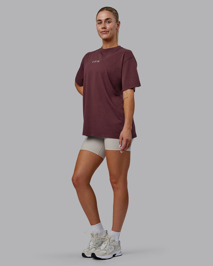 Woman wearing Sara I Can Shall &amp; Will Oversized Washed Tee - Bordeaux-Shale Beige
