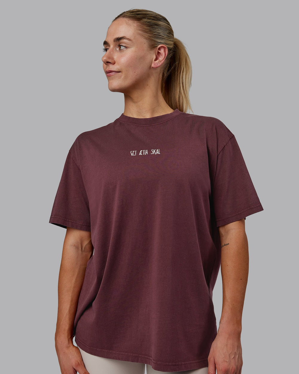 Woman wearing Sara I Can Shall & Will Oversized Washed Tee - Bordeaux-Shale Beige