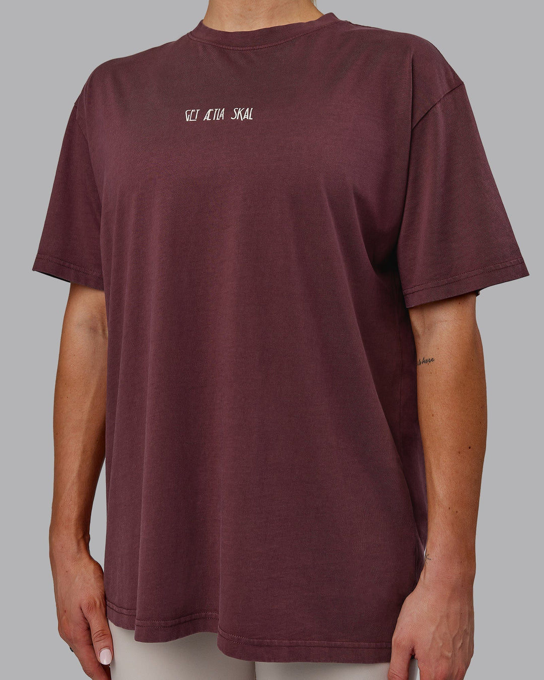 Woman wearing Sara I Can Shall &amp; Will Oversized Washed Tee - Bordeaux-Shale Beige