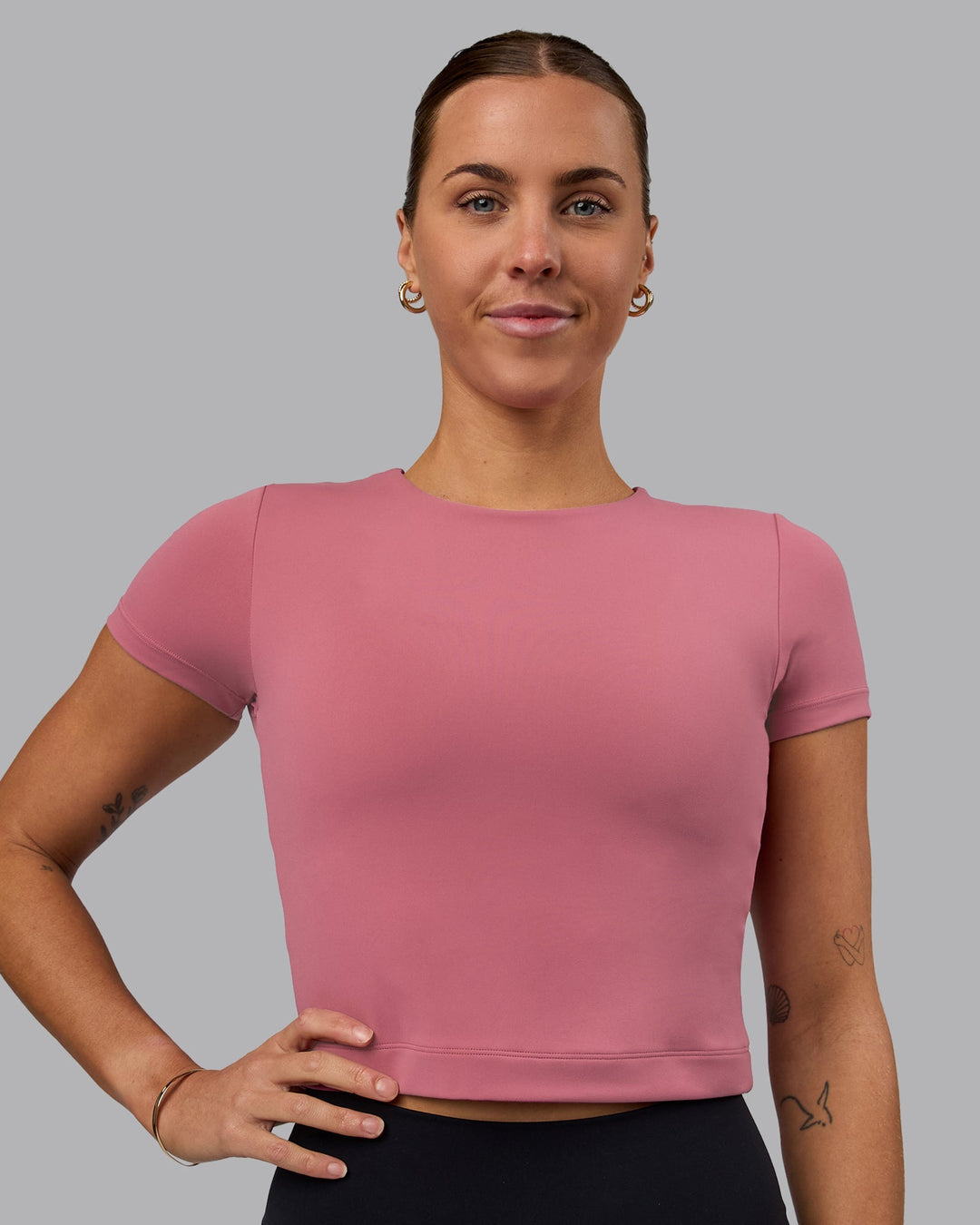 Woman wearing Staple Cropped Tee - Mauve Haze