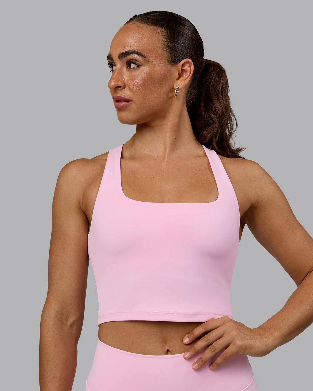 Woman wearing Staple Square Neck Active Shelf Bra Tank - Pale Pink