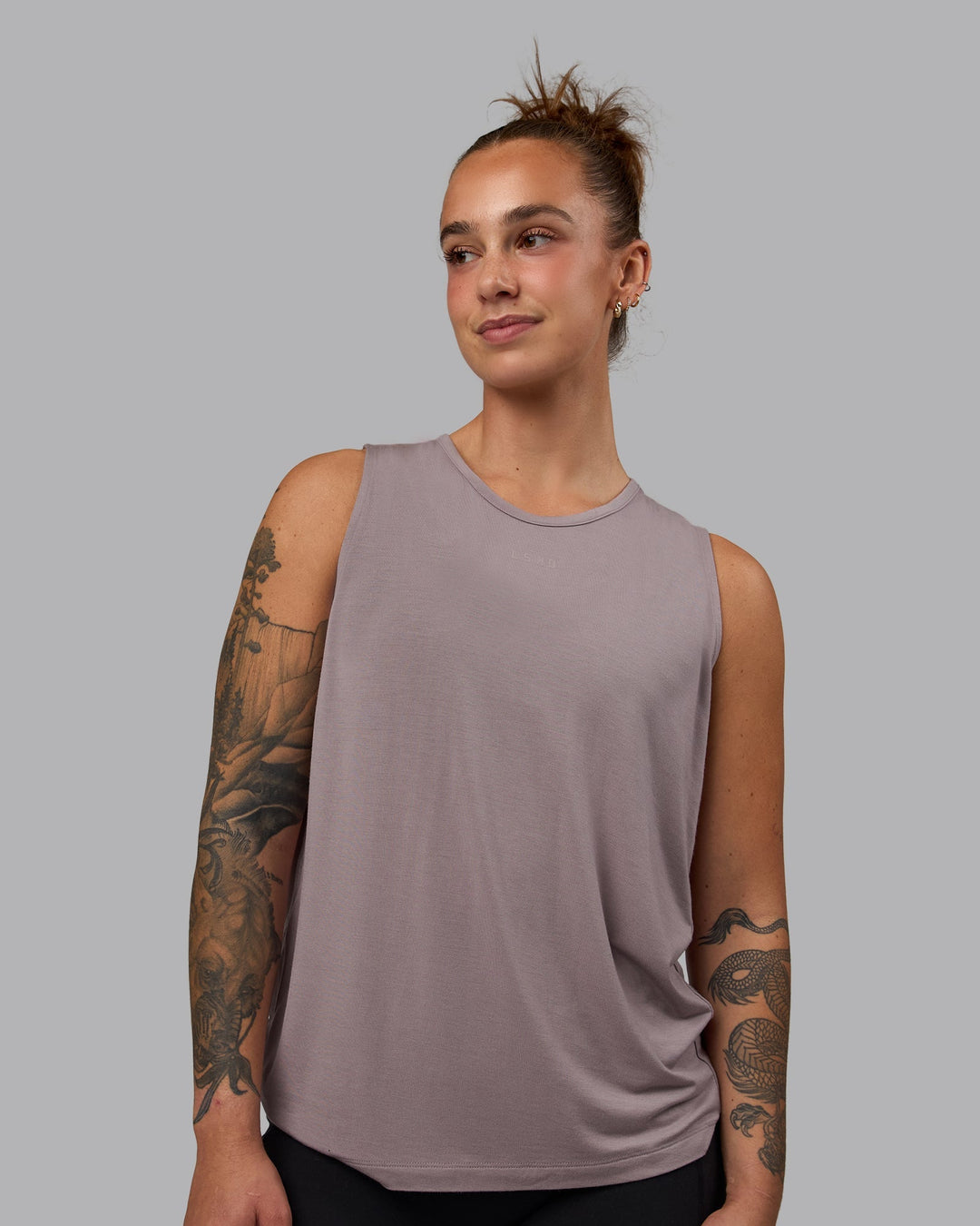 Woman wearing Swivel Open Back Tank - Greyish Purple