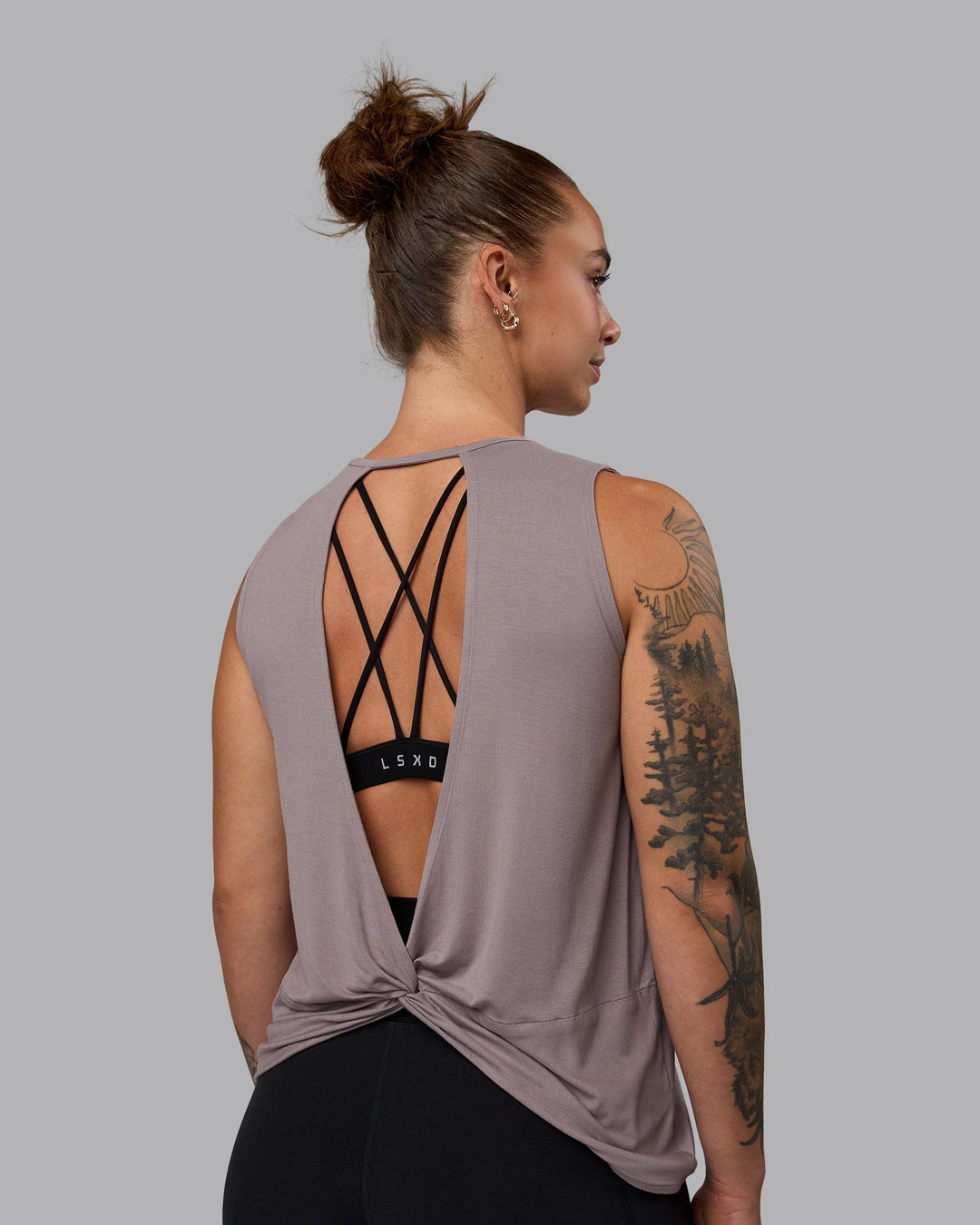 Woman wearing Swivel Open Back Tank - Greyish Purple