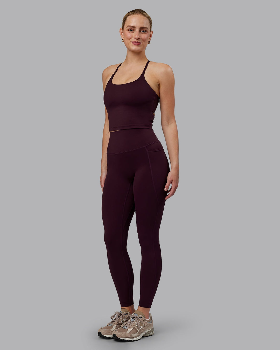 Woman wearing Twist Shelf Bra Tank - Mulberry