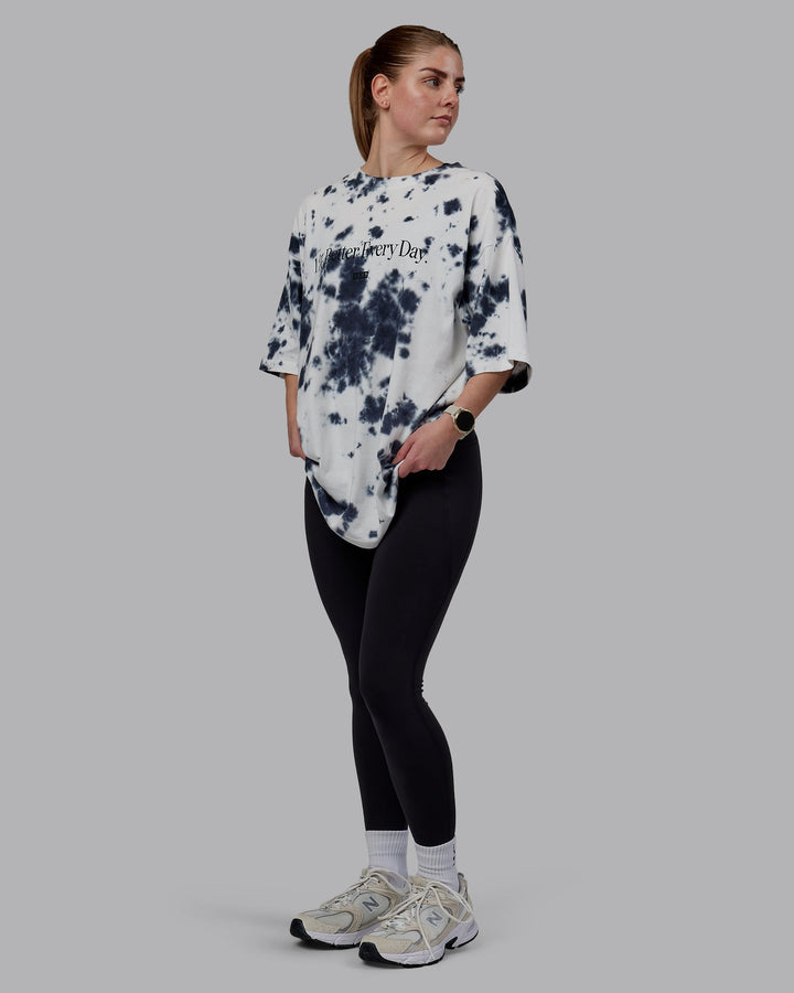 Woman wearing Unisex 1% Better Heavyweight Oversize Tee - White-Black Tie Dye
