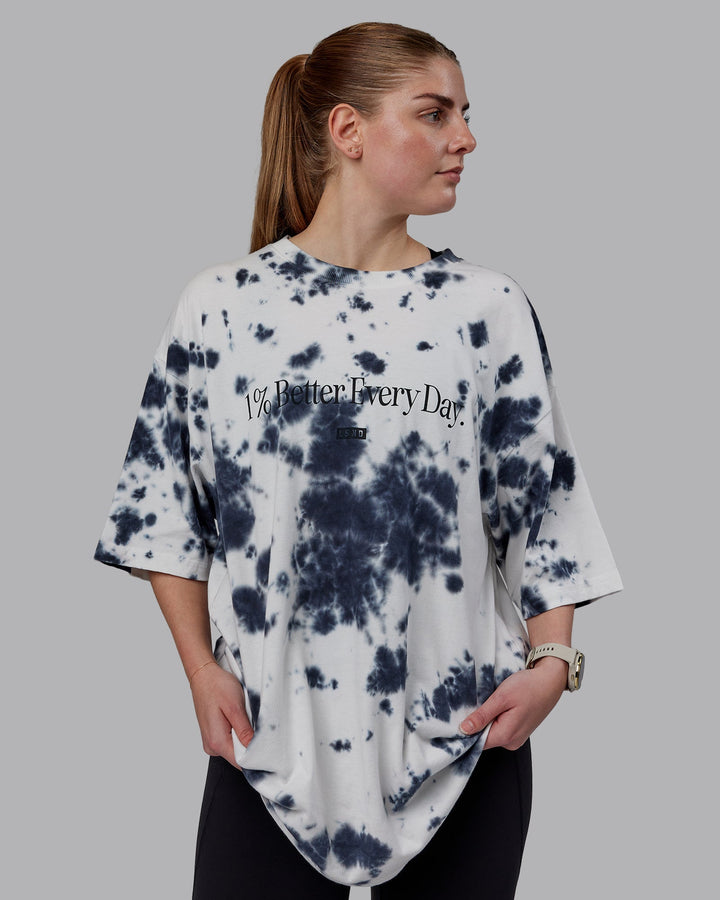 Woman wearing Unisex 1% Better Heavyweight Oversize Tee - White-Black Tie Dye
