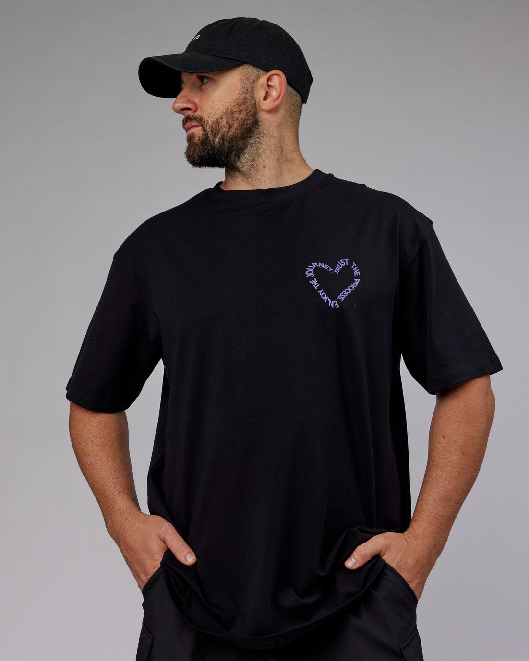 Man wearing Unisex Love The Process FLXCotton Tee Oversize - Black-Dahlia Purple