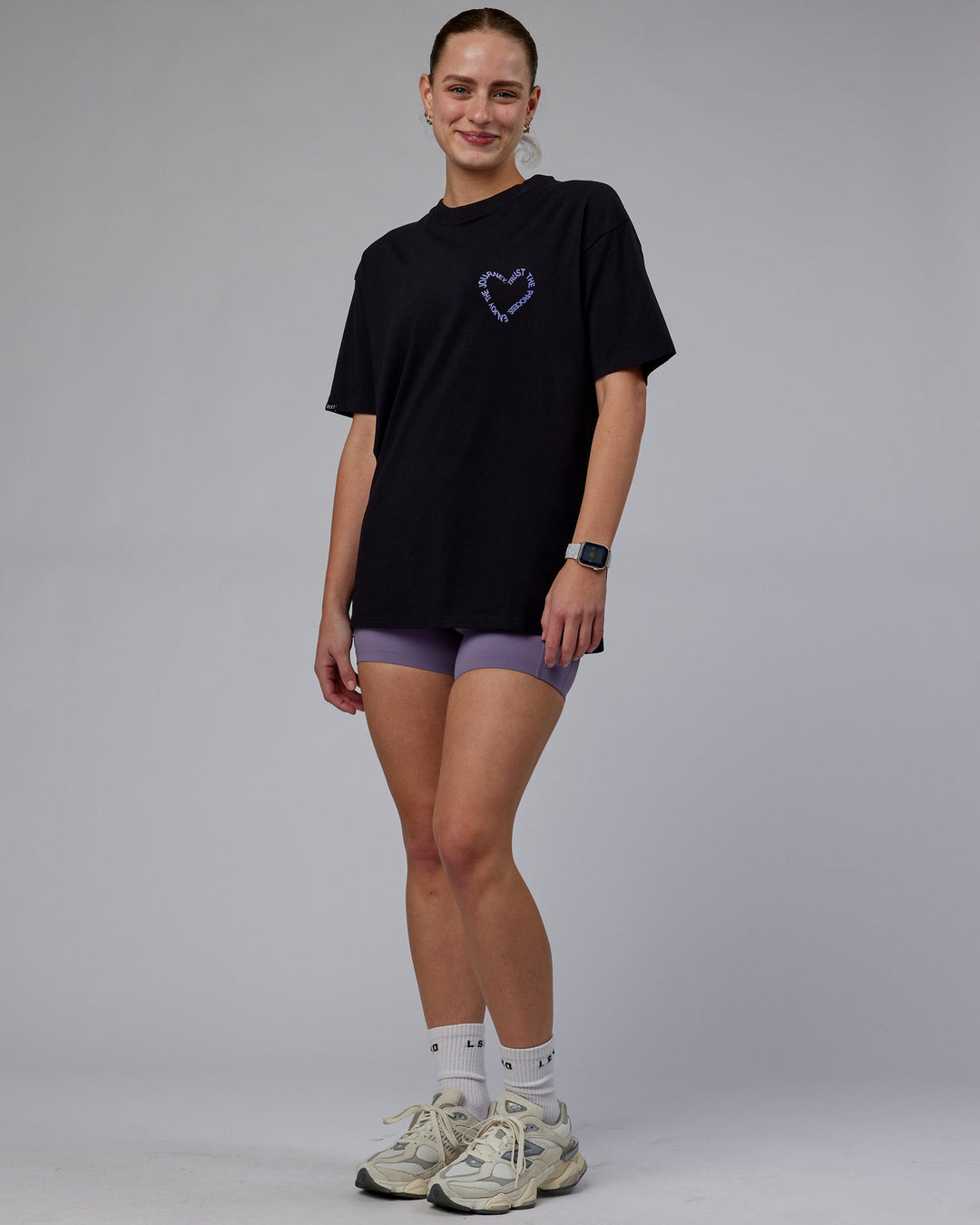 Woman wearing Unisex Love The Process FLXCotton Tee Oversize - Black-Dahlia Purple