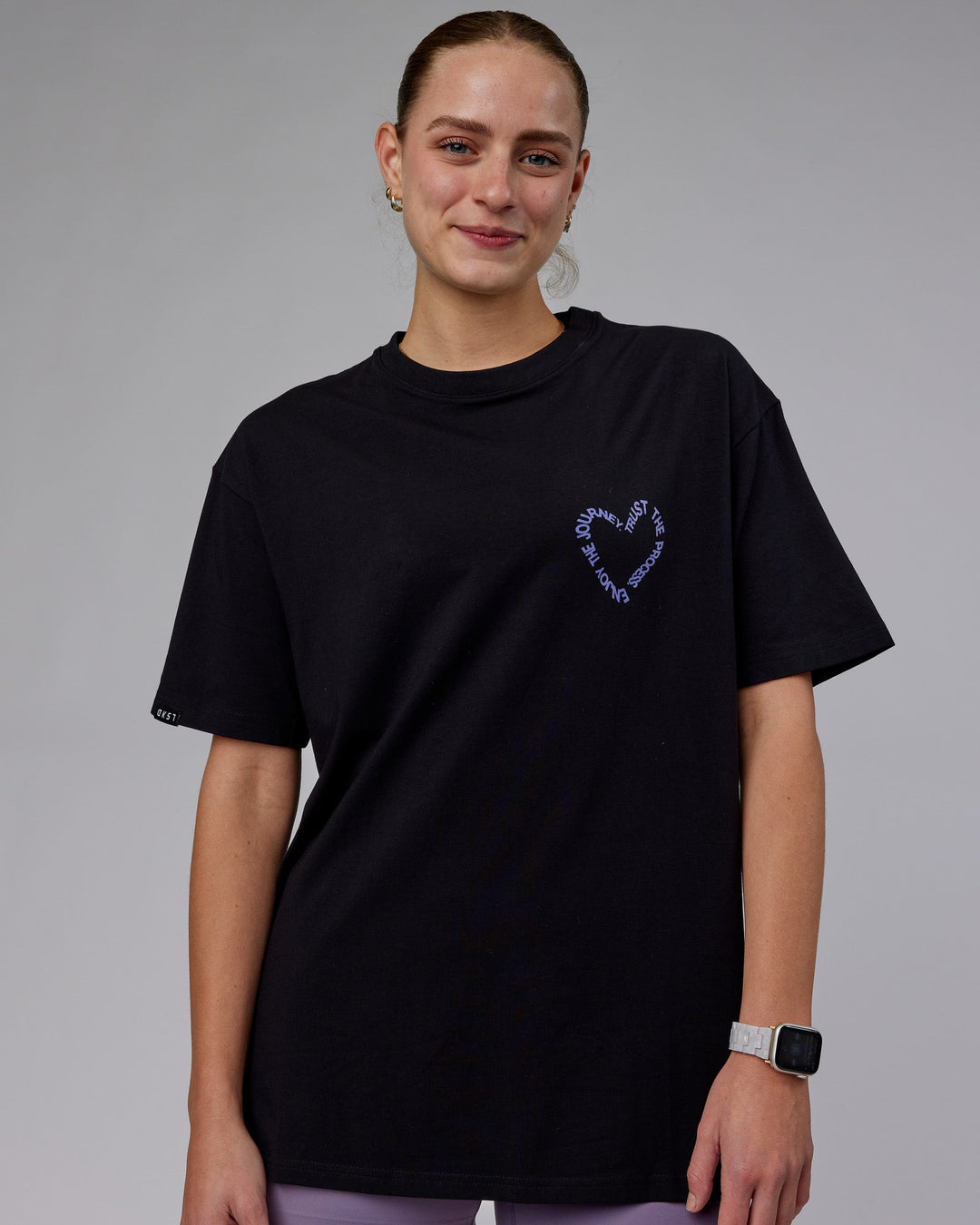 Woman wearing Unisex Love The Process FLXCotton Tee Oversize - Black-Dahlia Purple