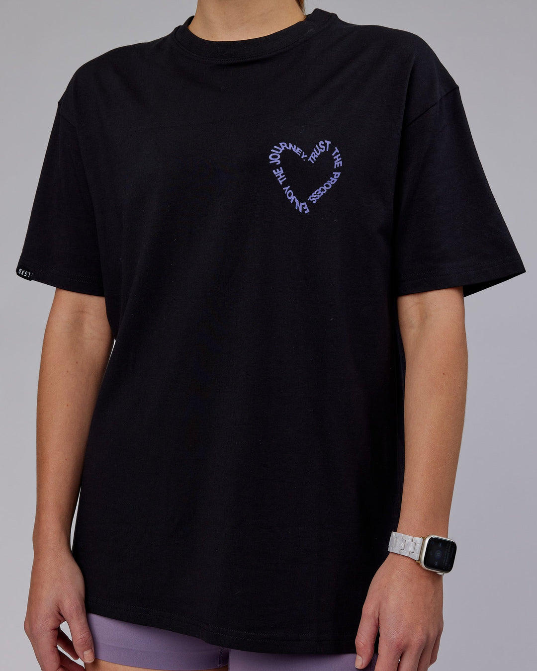 Woman wearing Unisex Love The Process FLXCotton Tee Oversize - Black-Dahlia Purple