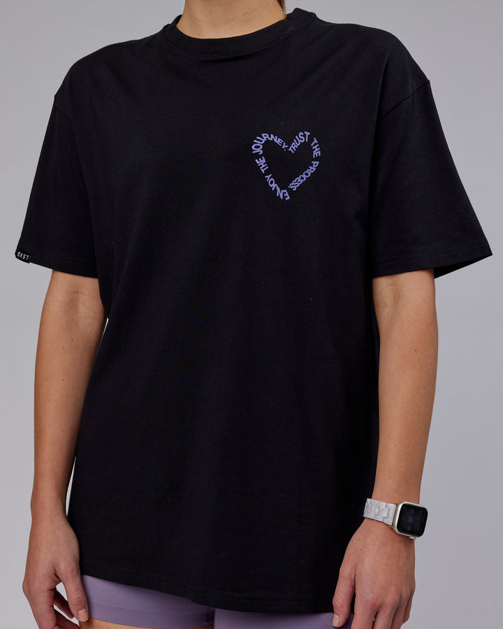 Woman wearing Unisex Love The Process FLXCotton Tee Oversize - Black-Dahlia Purple
