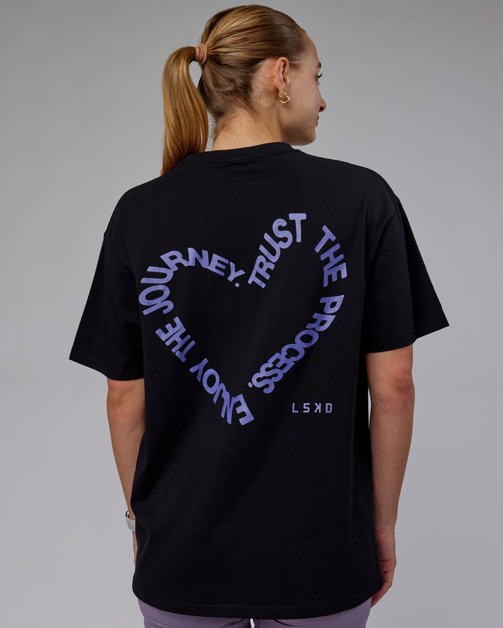 Woman wearing Unisex Love The Process FLXCotton Tee Oversize - Black-Dahlia Purple
