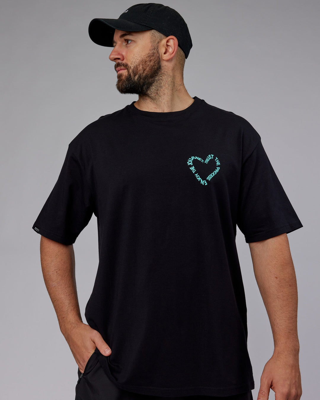 Man wearing Unisex Love The Process FLXCotton Tee Oversize - Black-Turquoise Tide