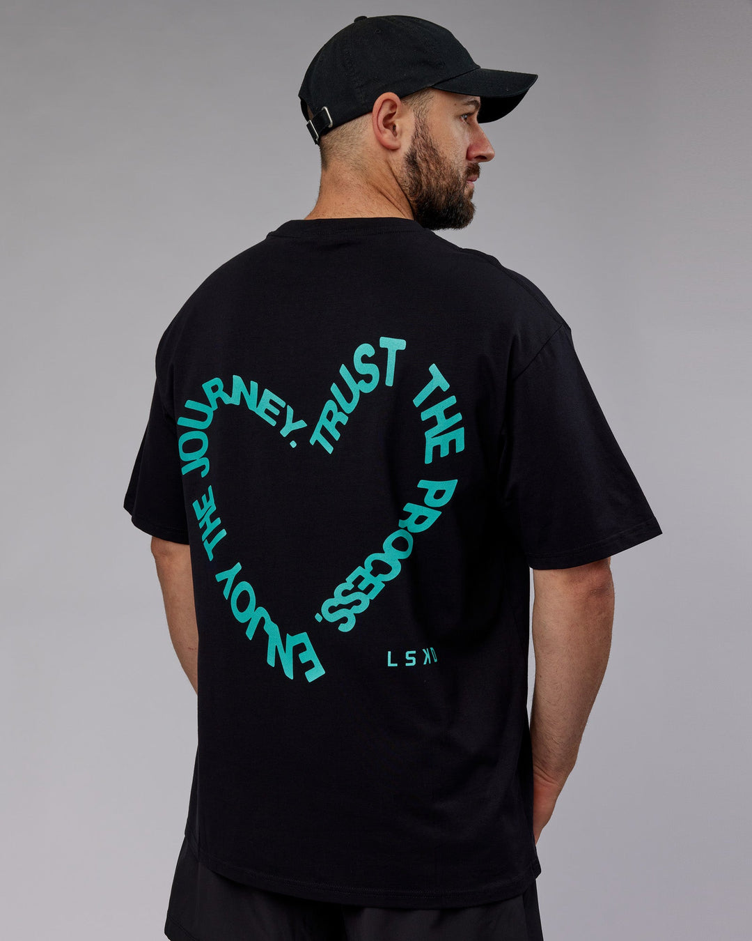 Man wearing Unisex Love The Process FLXCotton Tee Oversize - Black-Turquoise Tide