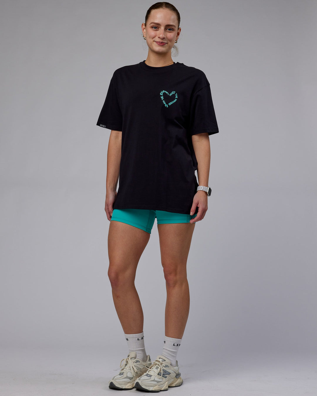 Woman wearing Unisex Love The Process FLXCotton Tee Oversize - Black-Turquoise Tide