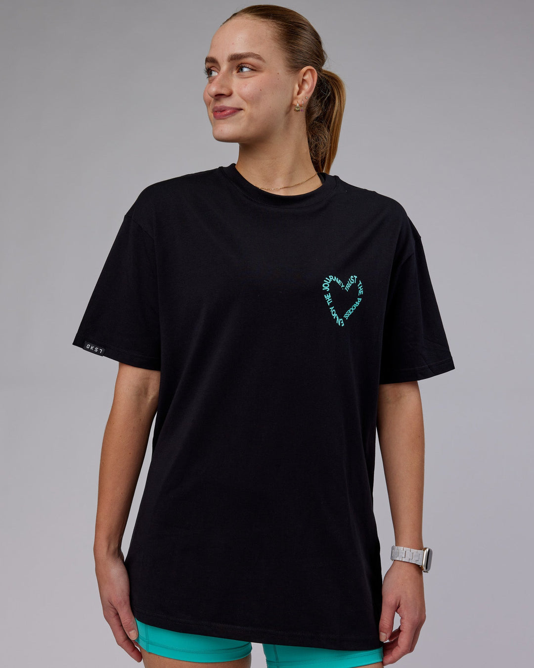 Woman wearing Unisex Love The Process FLXCotton Tee Oversize - Black-Turquoise Tide