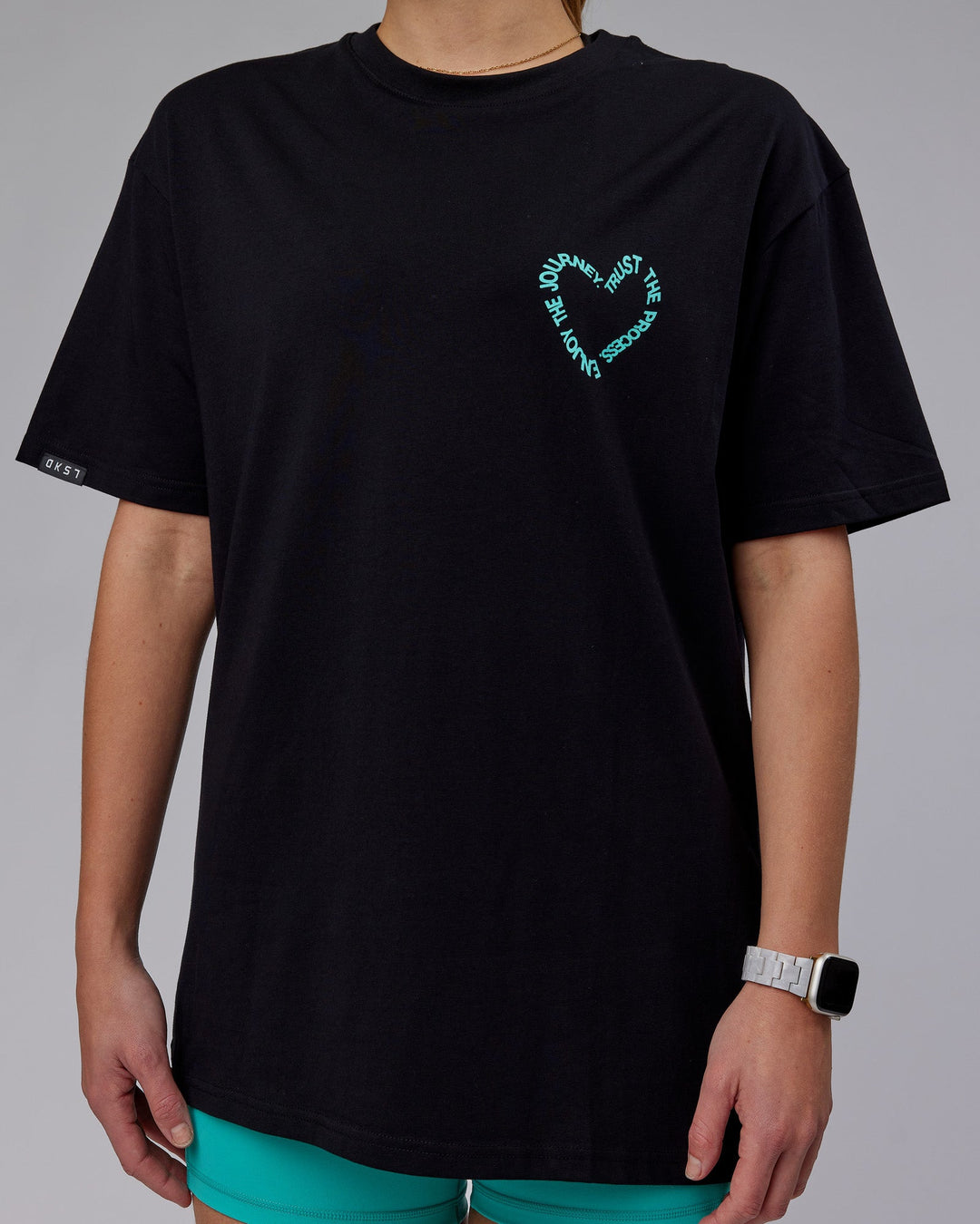 Woman wearing Unisex Love The Process FLXCotton Tee Oversize - Black-Turquoise Tide