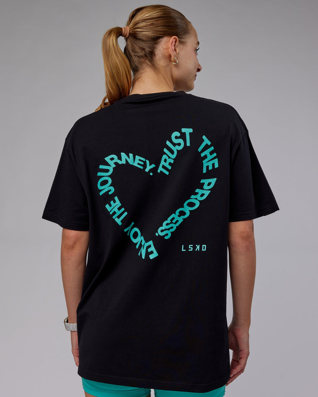 Woman wearing Unisex Love The Process FLXCotton Tee Oversize - Black-Turquoise Tide