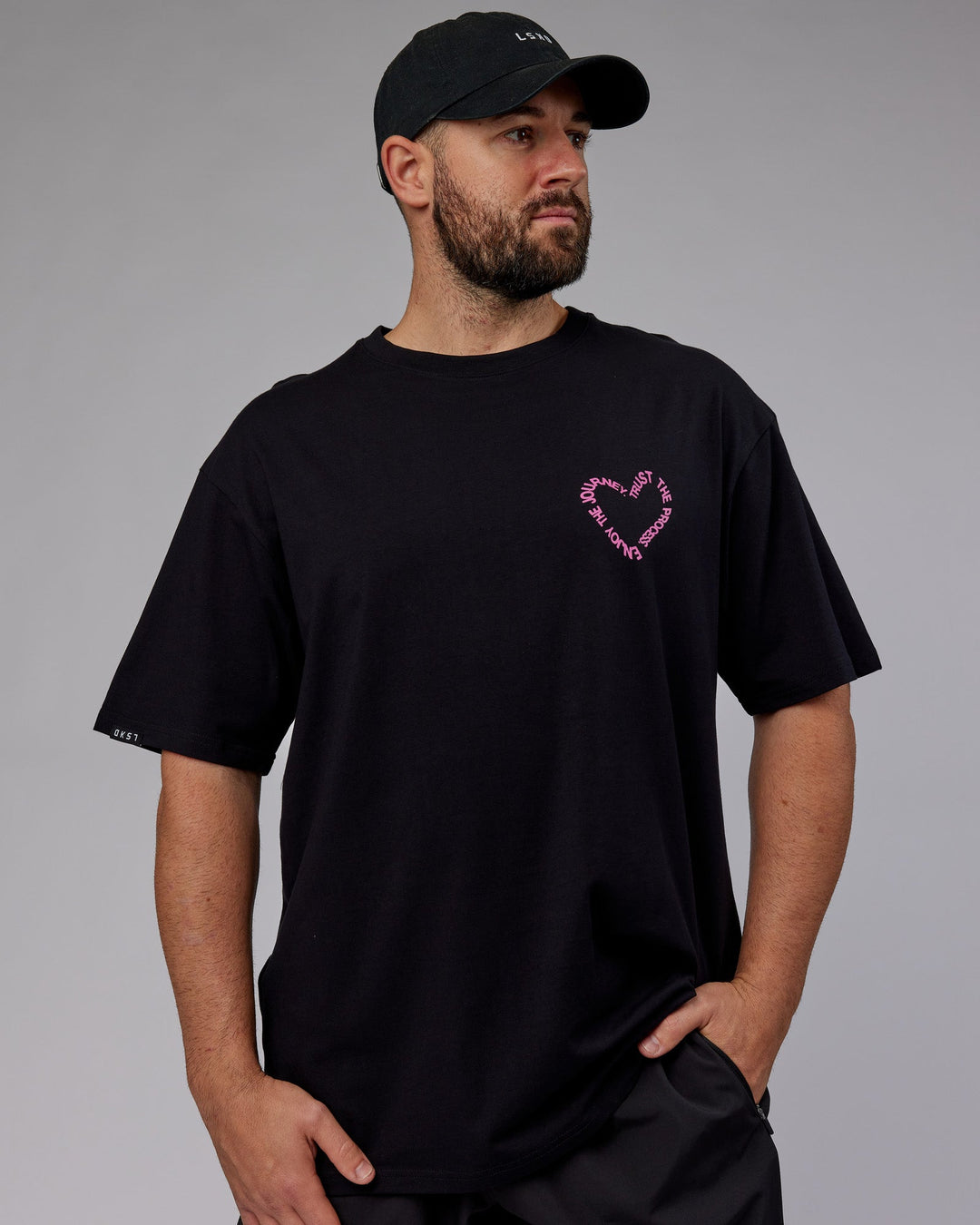 Man wearing Unisex Love The Process FLXCotton Tee Oversize - Black-Mauve Haze