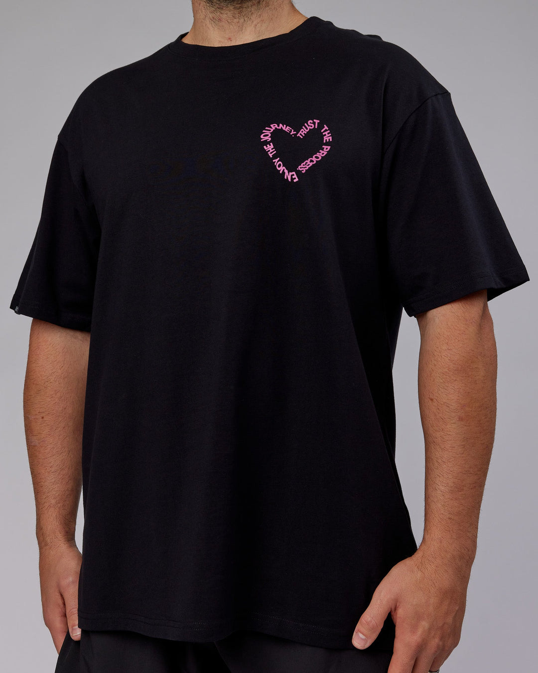 Man wearing Unisex Love The Process FLXCotton Tee Oversize - Black-Mauve Haze