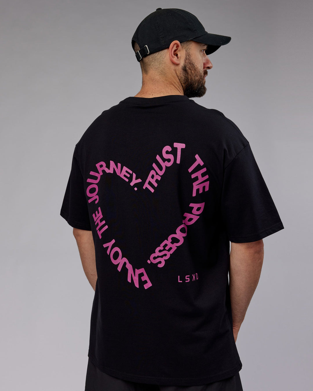 Man wearing Unisex Love The Process FLXCotton Tee Oversize - Black-Mauve Haze