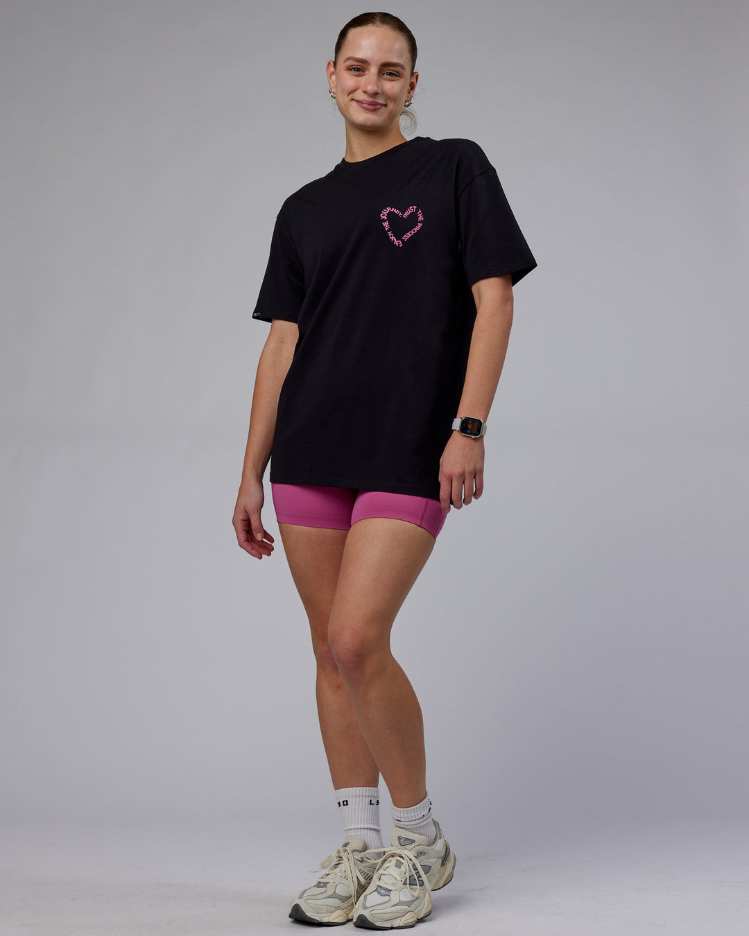 WOman wearing Unisex Love The Process FLXCotton Tee Oversize - Black-Mauve Haze