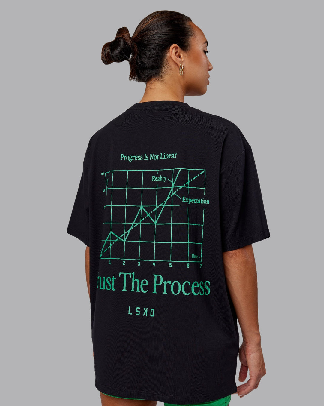 Woman wearing Unisex Trust The Process 2.0 FLXCotton Tee Oversize - Black-Impact Green