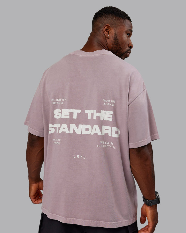 Man wearing Unisex Washed Set The Standard Heavyweight Tee Oversize - Greyish Purple-Off White
