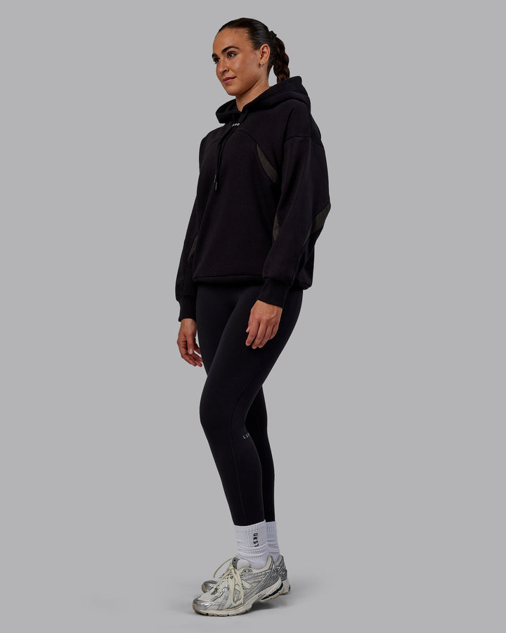 Woman wearing Unisex Y2K Concept Panel Hoodie - Black-Black-Pirate Black
