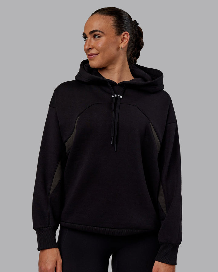 Woman wearing Unisex Y2K Concept Panel Hoodie - Black-Black-Pirate Black
