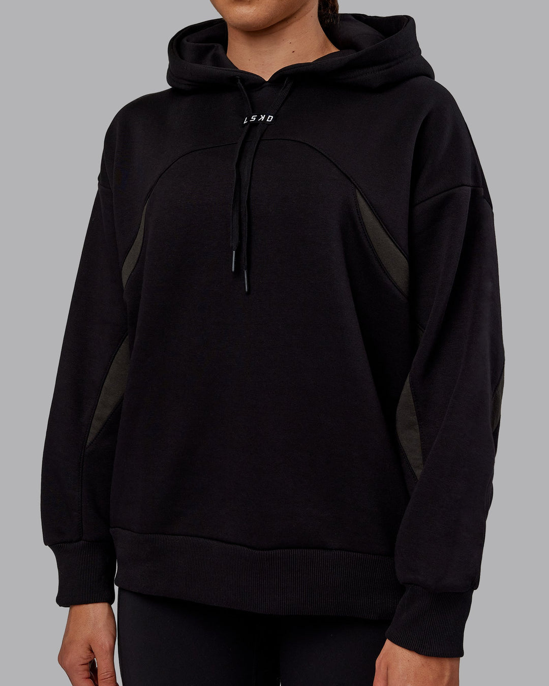 Woman wearing Unisex Y2K Concept Panel Hoodie - Black-Black-Pirate Black