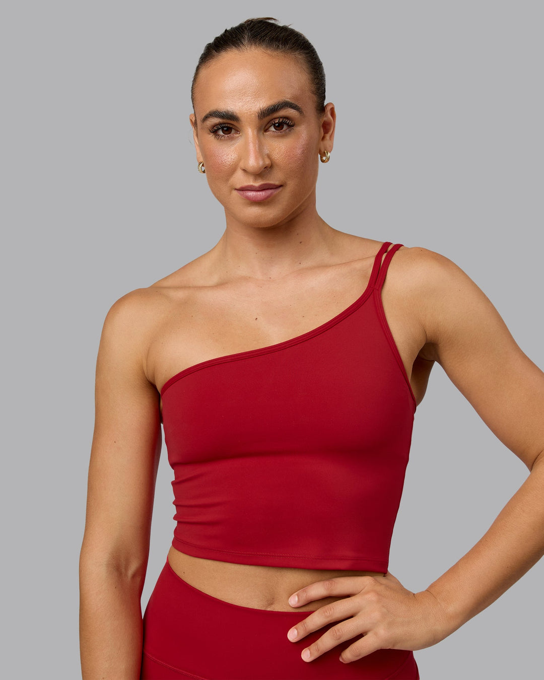 Woman wearing Vivid Skimmer Shelf Bra Tank - Cherry Red