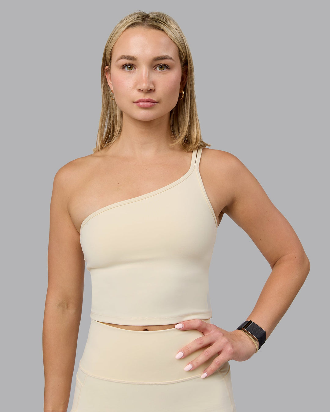 Woman wearing Vivid Skimmer Shelf Bra Tank - Ivory