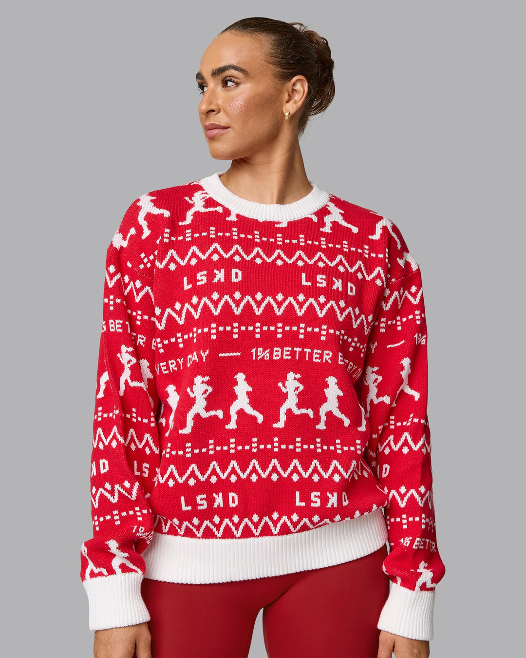 Woman wearing LSKD Christmas Knit Sweater - Cherry Red-Ivory