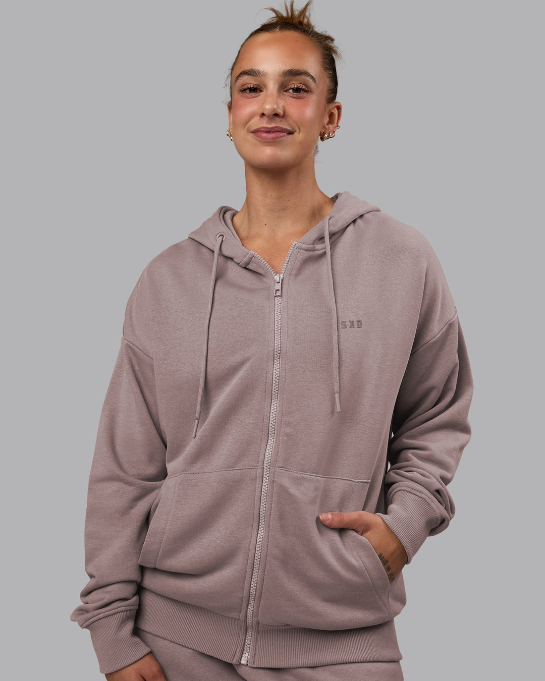 Woman wearing MVP Zip Through Hoodie - Greyish Purple