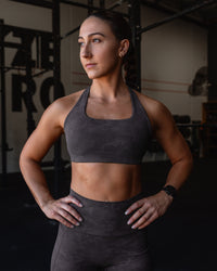 Woman wearing Aspire Sports Bra - Dark Storm Wash | Model:Summer | Size:S