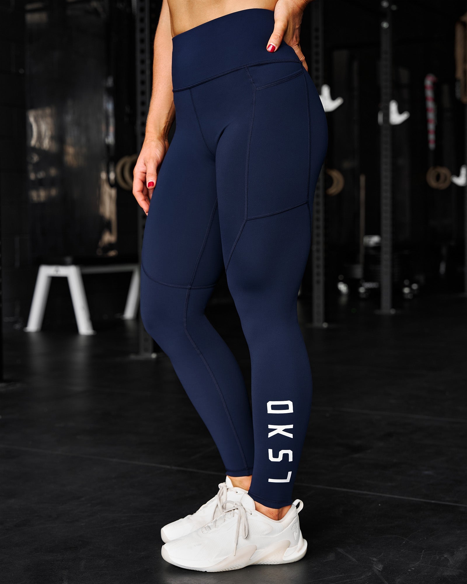 Woman wearing Rep Ultra High-Rise Full Length Legging Pockets - Future Navy-White | Model:Ella | Size:S