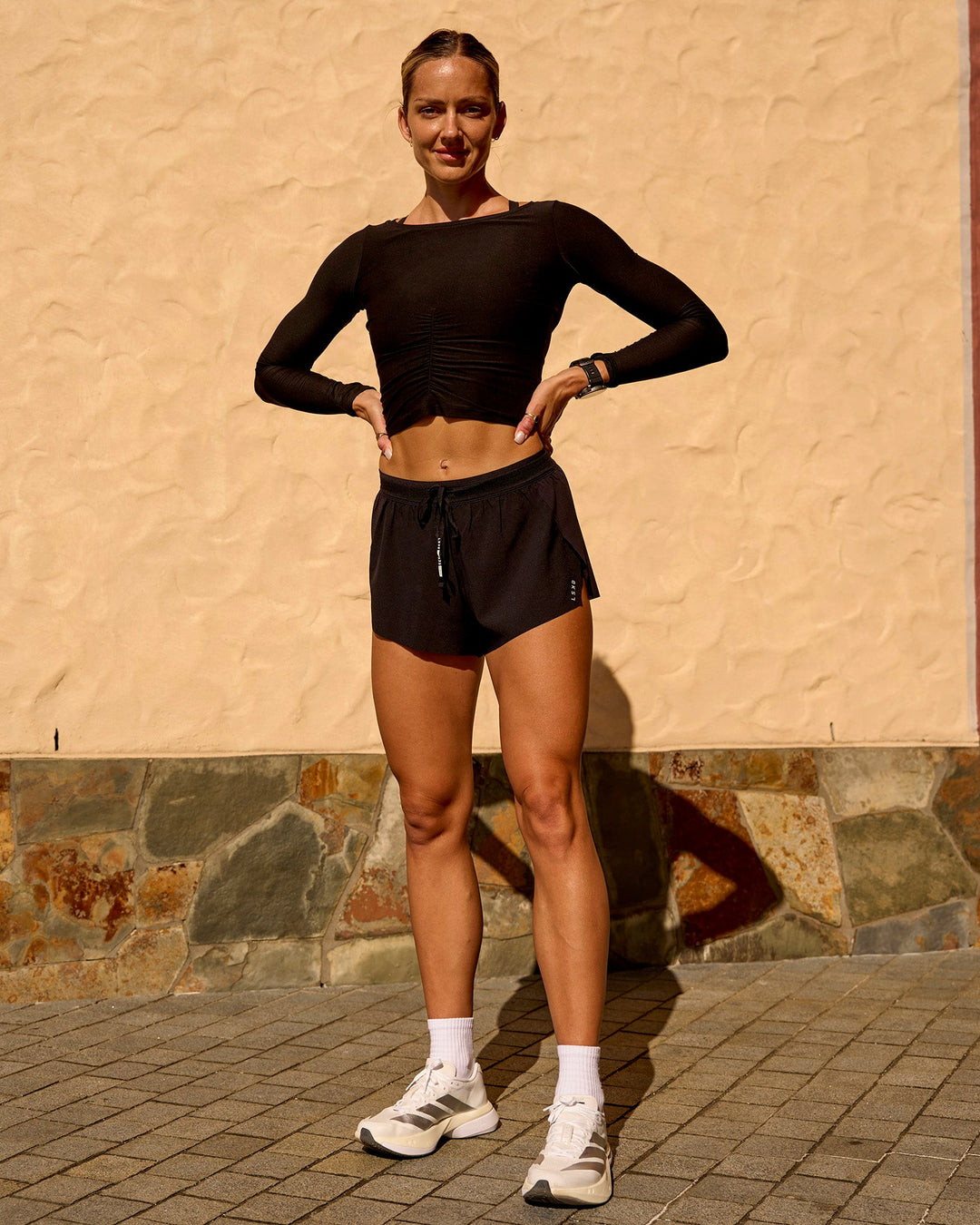 Woman wearing Scrunch Long Sleeve Tee - Black | Model:Lauren | Size:S - view 4