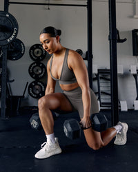 Woman wearing Stamina Sports Bra - Dark Storm | Model:Ayla | Size:S