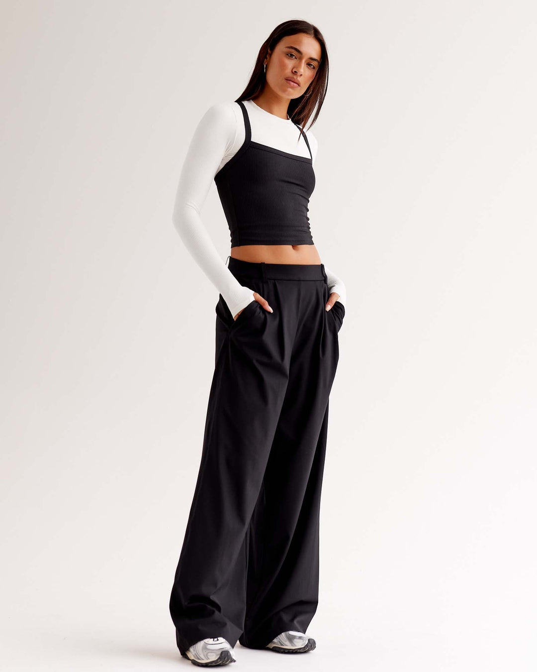 Woman wearing StretchShift Wide Leg Pant - Black | Model:Ruby | Size:S
