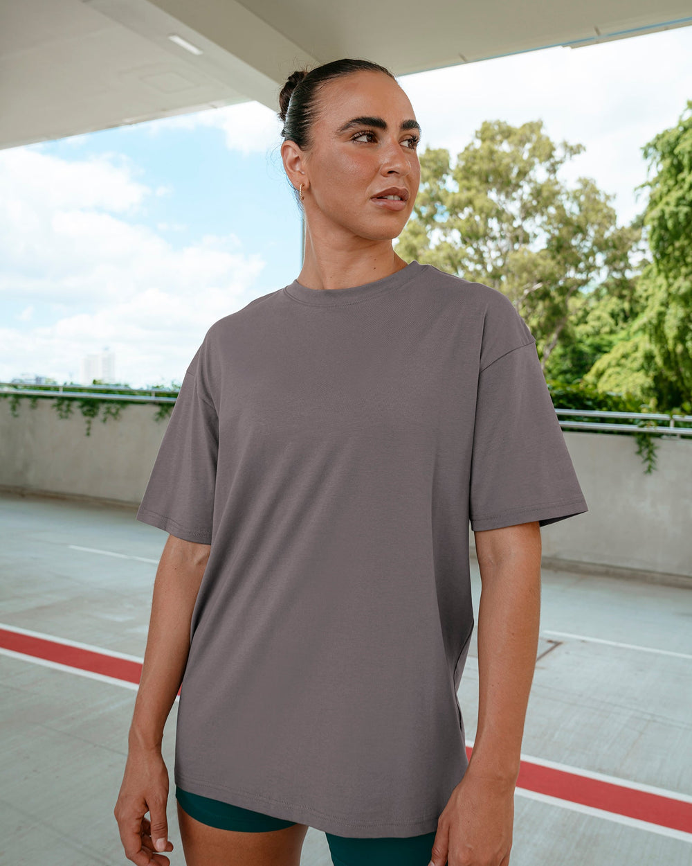 Woman wearing Variation FLXCotton Oversized Tee in Storm Front-Pale Banana | Size:S