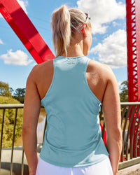 Woman wearing Pace Running Tank - Retro Blue | Model:Hannah | Size:S | Thumbnail Index: 1