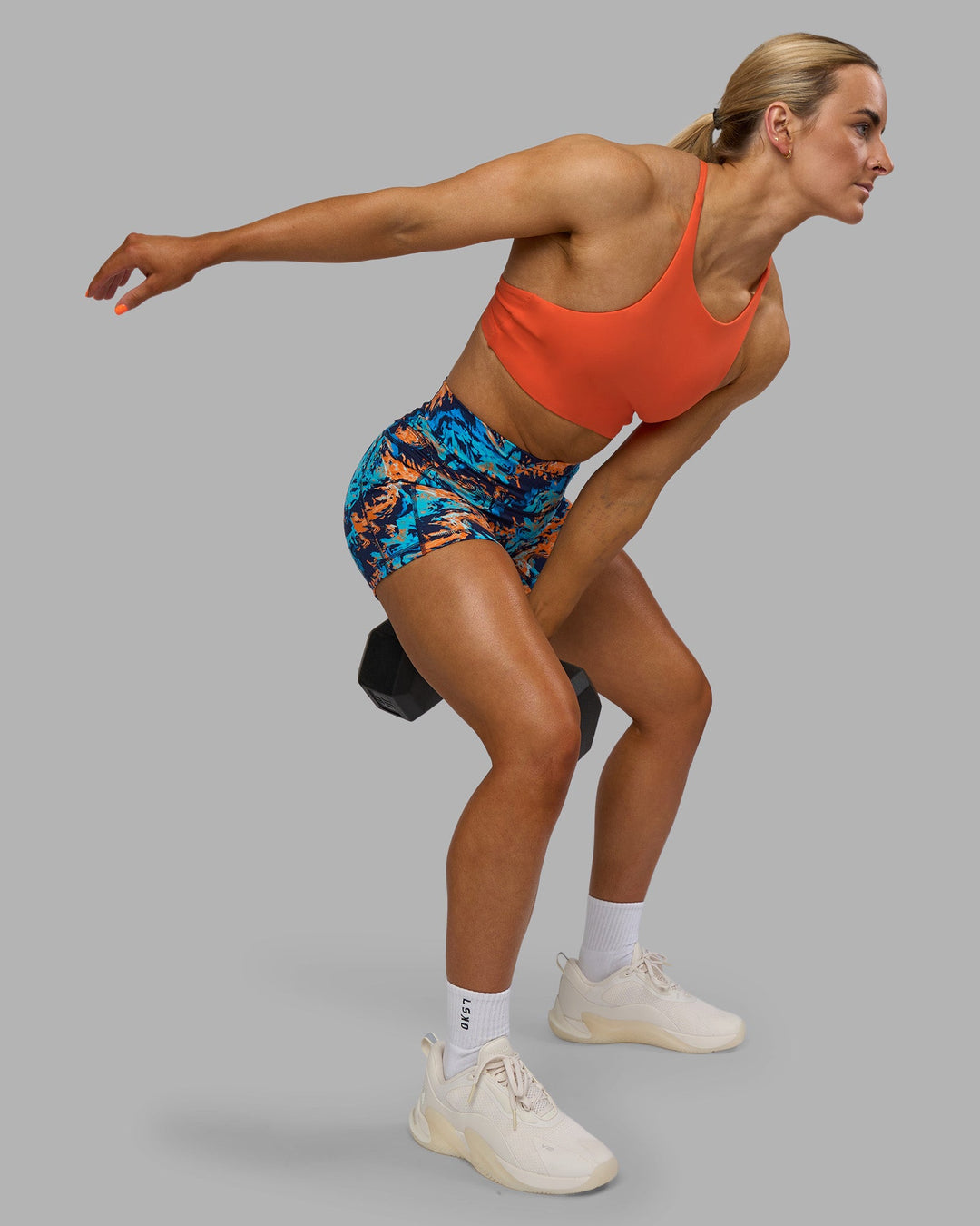 Woman wearing AMRAP High Neck Sports Bra - Ultra Orange | Model:Georgia | Size:S