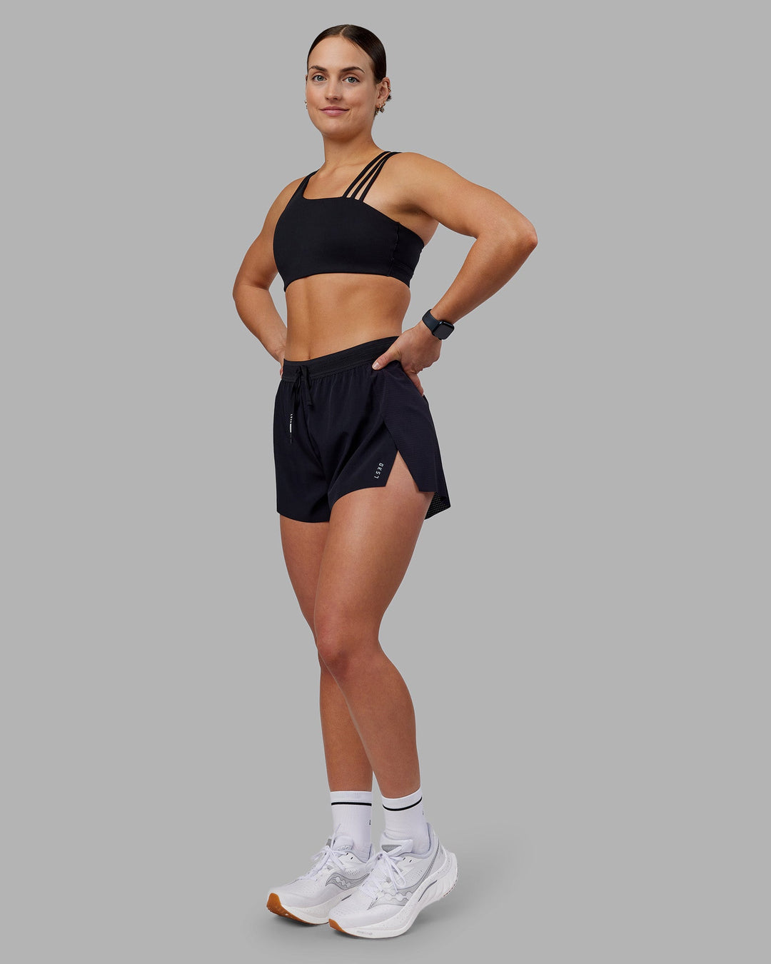 Woman wearing Accelerate 3&quot; High-Rise Running Short - Black | Model:Keisha | Size:S