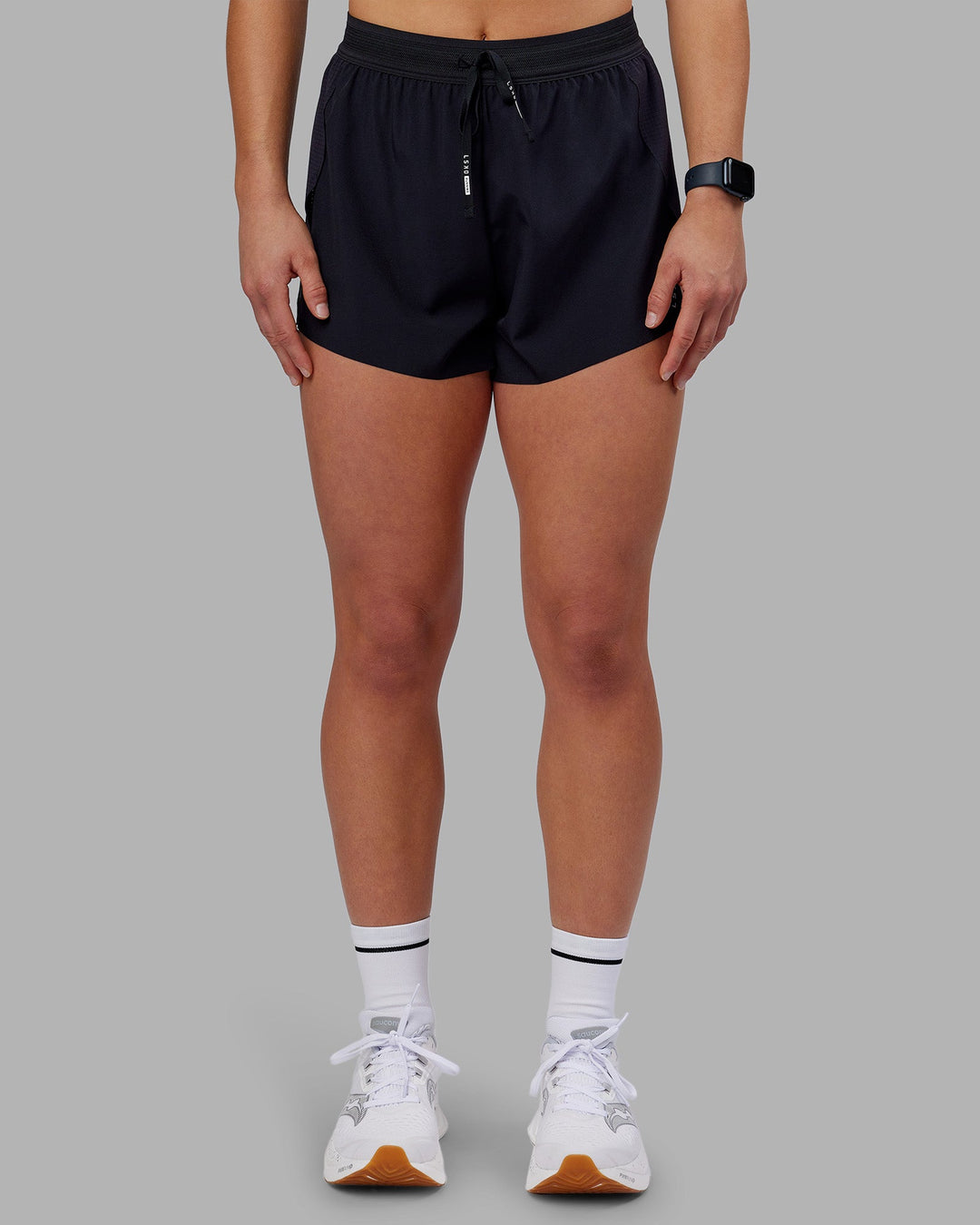 Woman wearing Accelerate 3&quot; High-Rise Running Short - Black | Model:Keisha | Size:S
