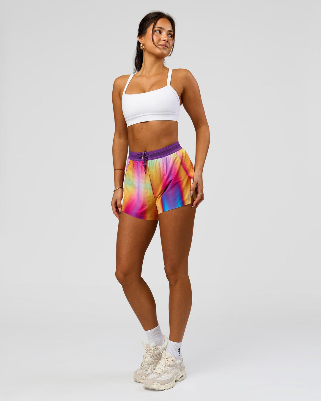 Woman wearing Accelerate 3" High-Rise Running Short - Radiate Print | Model:Bianca | Size:S