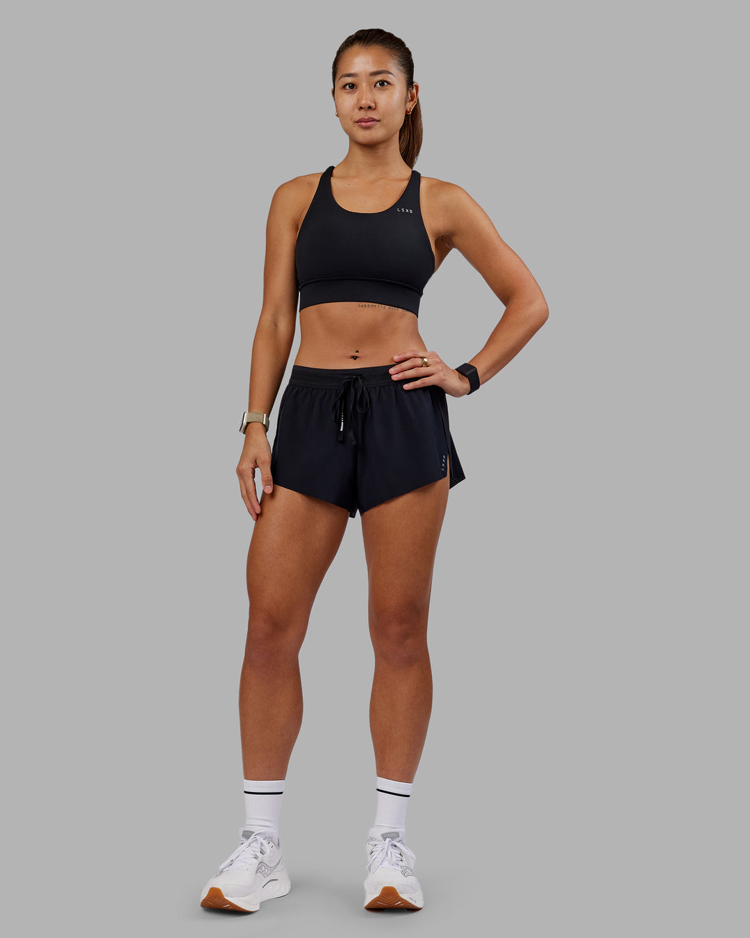 Woman wearing Accelerate 3&quot; Running Short - Black | Model:Vanessa | Size:S
